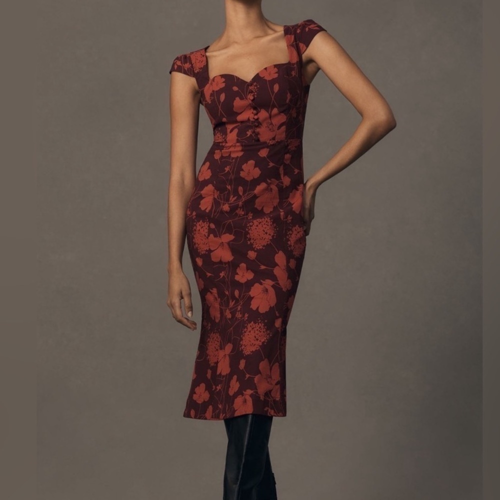 Anthropologie Maeve Cecily Sweetheart Dress Red Floral Size Medium